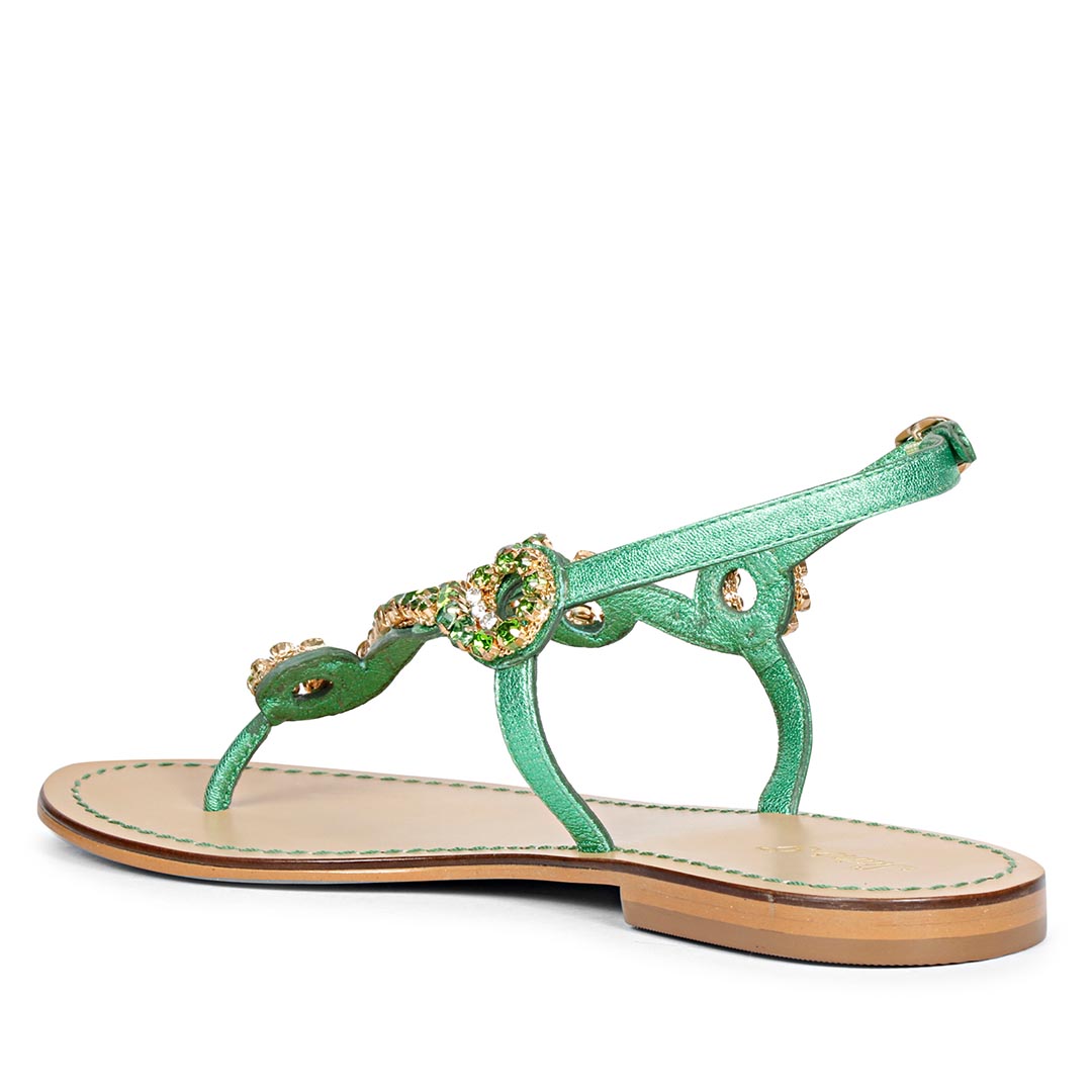 Saint Kaia Gold Stone  Metallic Green Leather Sandals