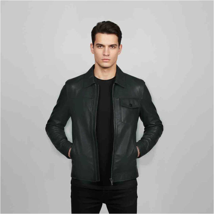 Saint Gerardo Green Leather Men's Jacket With Collars