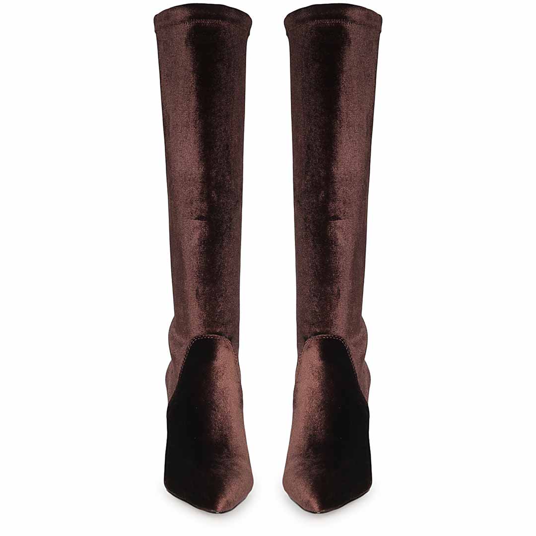 Saint Jemima Bordo Stretch Velvet Knee High Stiletto Boots