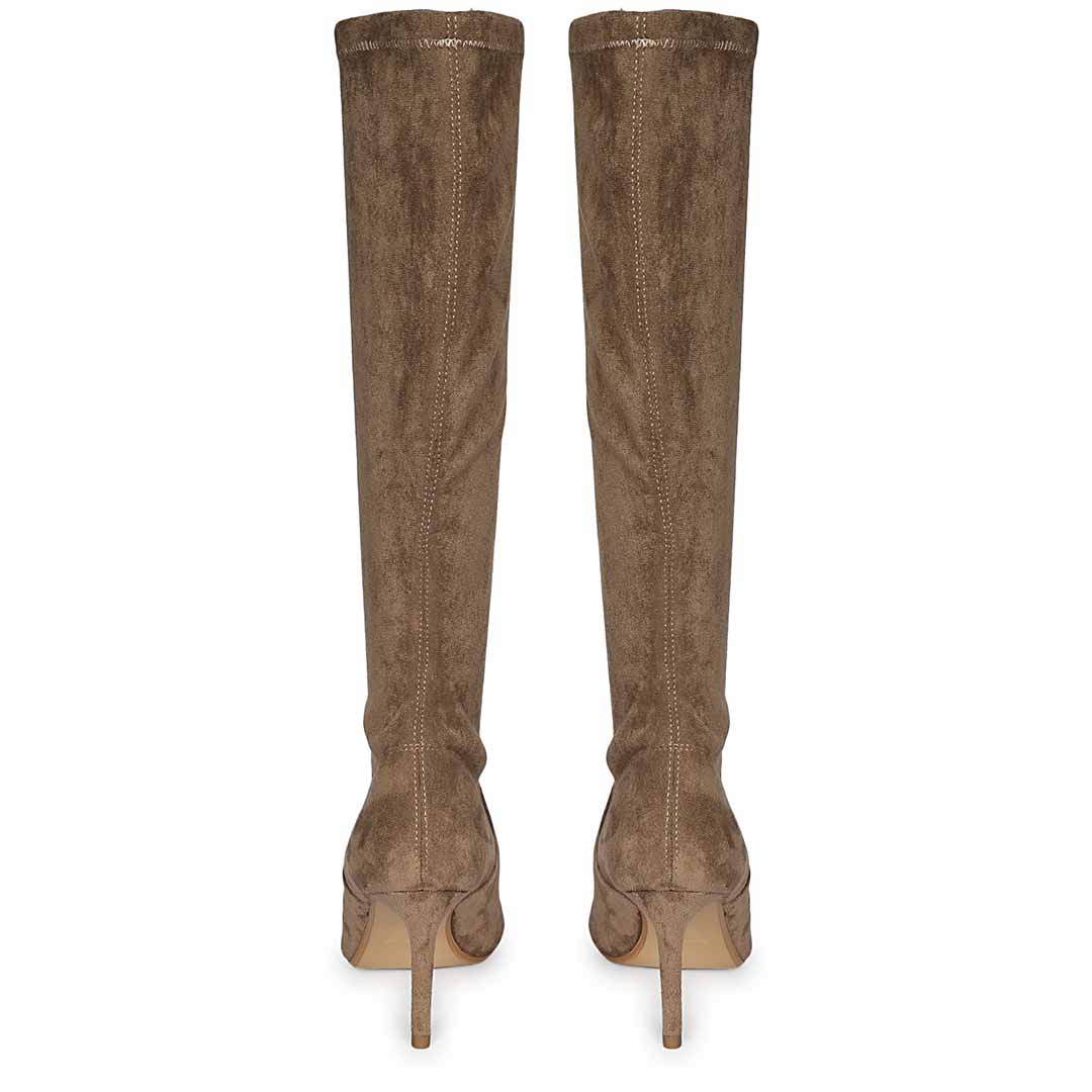 Saint Jemima Taupe Stretch Suede Kitten Heel Long Boots