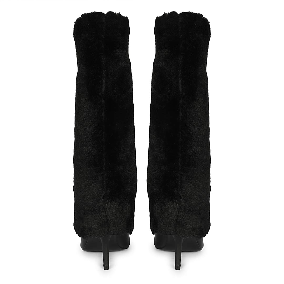 Saint Solveig Fur Cuff Black Leather Calf Boots