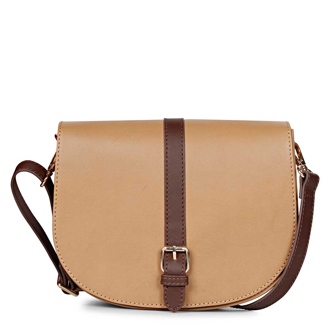 Favore Women Beige Leather Saddle Bags