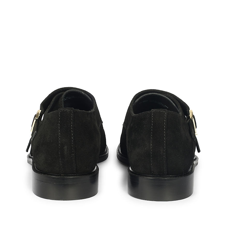 Saint Mathis Black Suede Leather Double Buckle Monk Shoes
