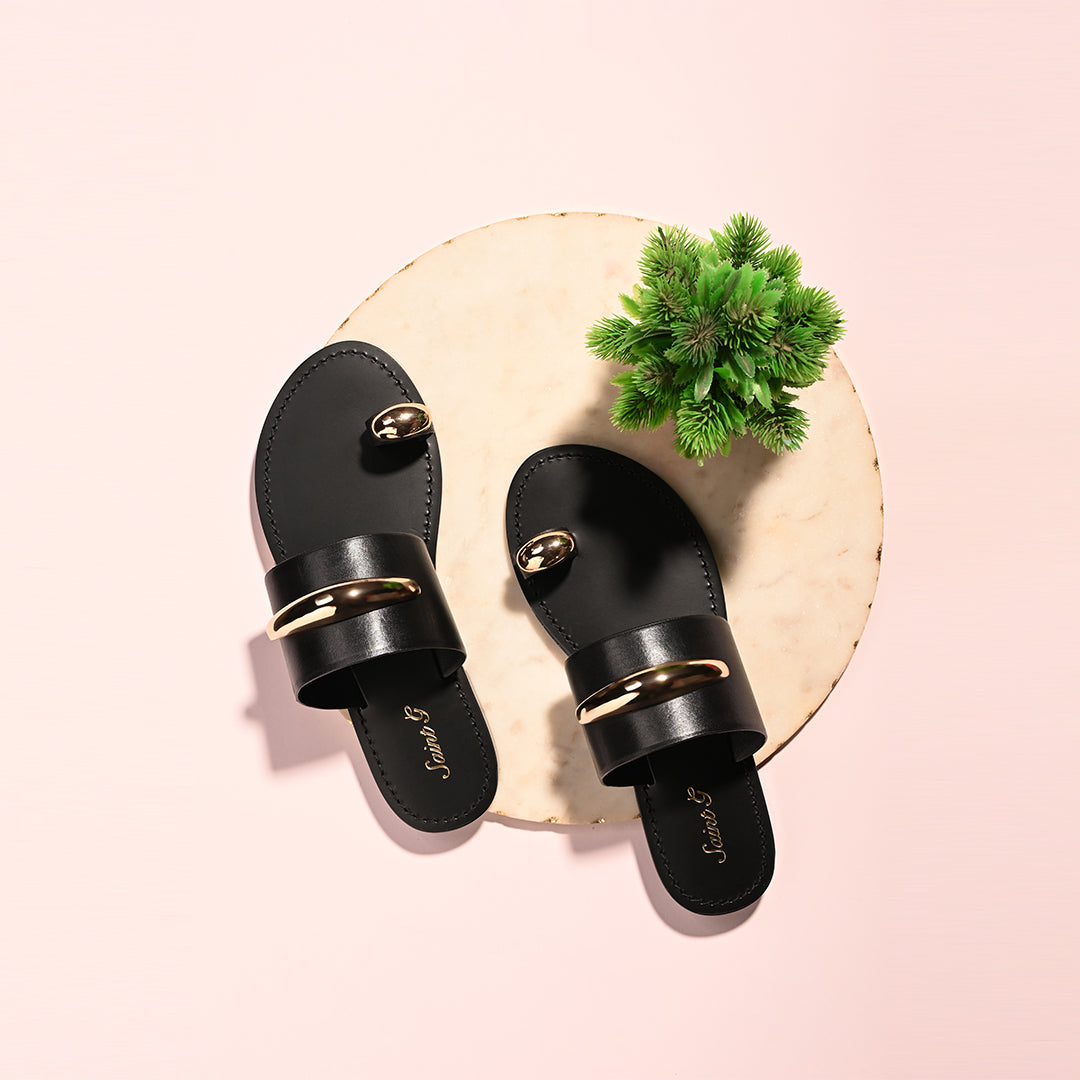 Saint Quinel Gold Metal Accents Black Leather Flats