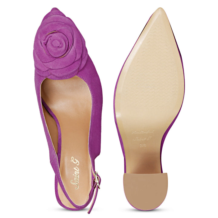 Saint Naiya Flower Embellished Purple Suede Leather Heels