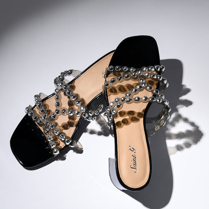 Saint Opal Silver Stud Embellished Block Heels
