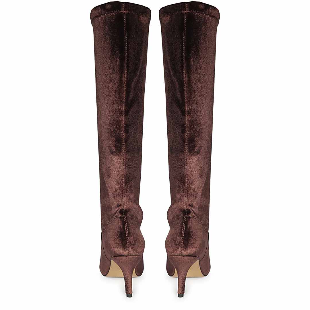 Saint Jemima Bordo Stretch Velvet Knee High Stiletto Boots