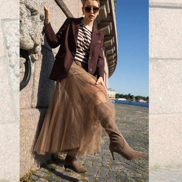 Saint Jemima Taupe Stretch Suede Kitten Heel Long Boots