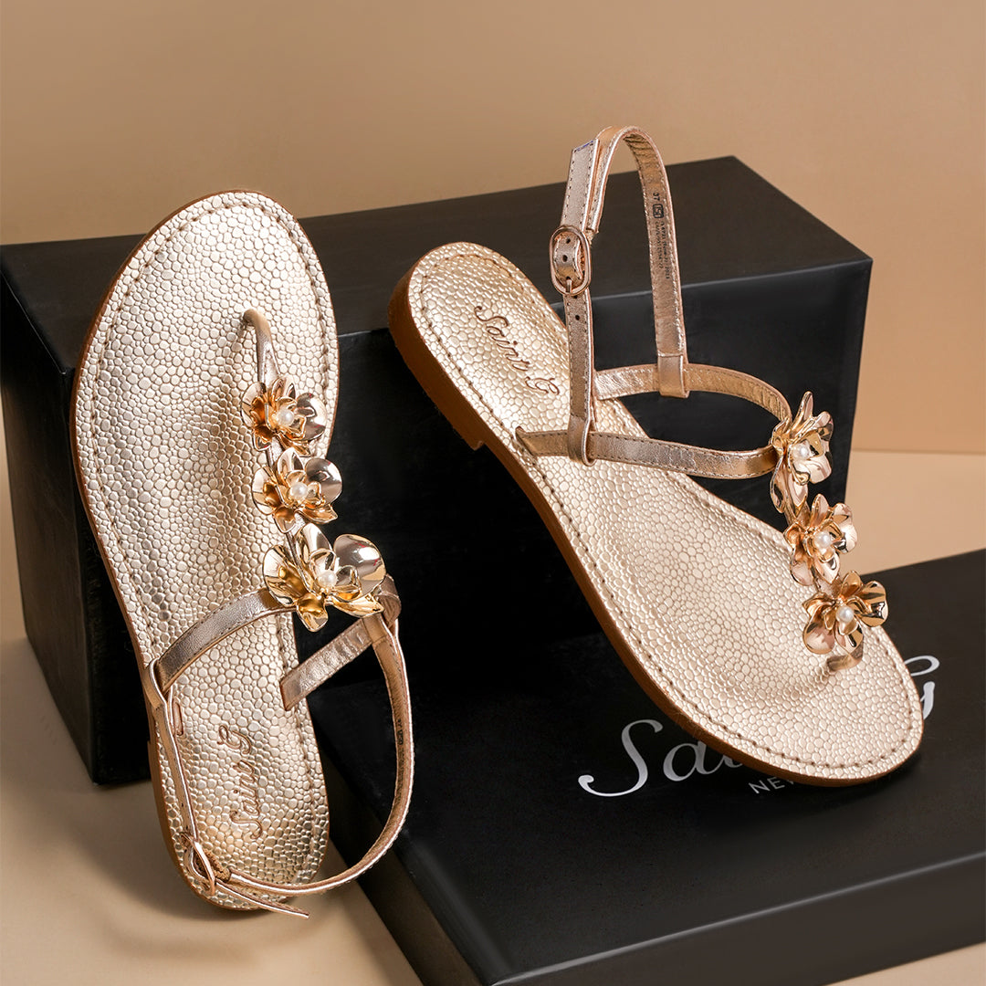 Saint Orion Flower Gold Metallic Leather Sandals