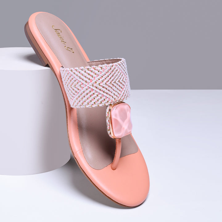 Saint Beau Stone Jeweled Pink Leather-Raffia Flat Sandals