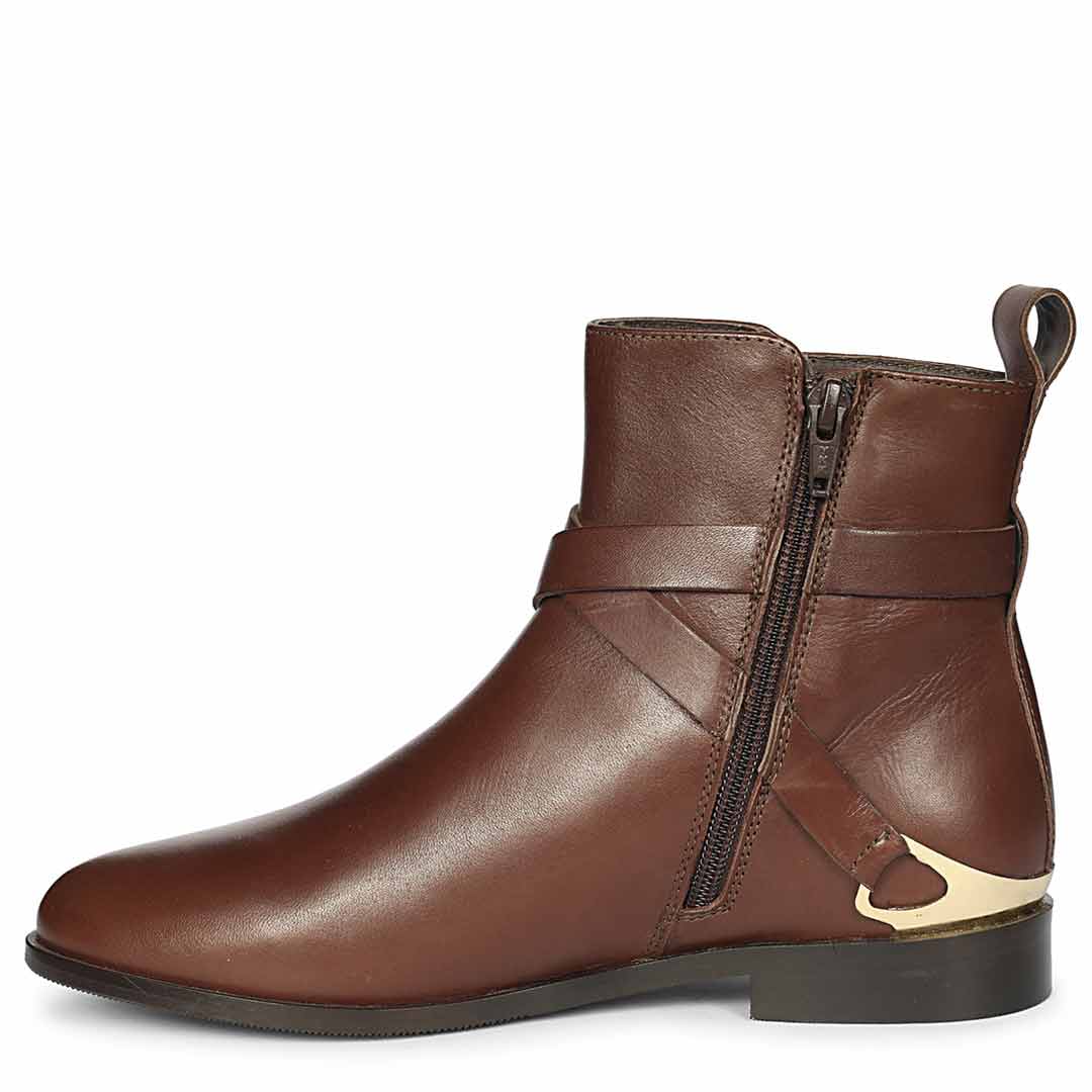 Saint Cathie Buckle Decor Brown Leather Ankle Boots