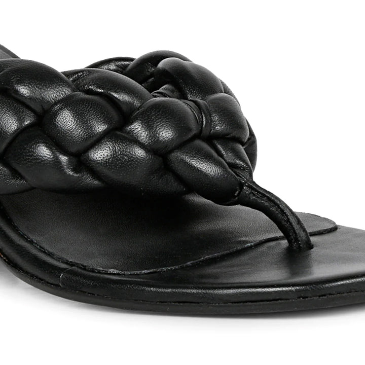 Autumn Black Woven Leather Block Heel Sandals.