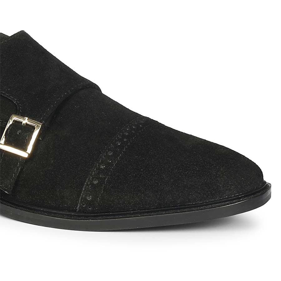 Saint Mathis Black Suede Leather Double Buckle Monk Shoes