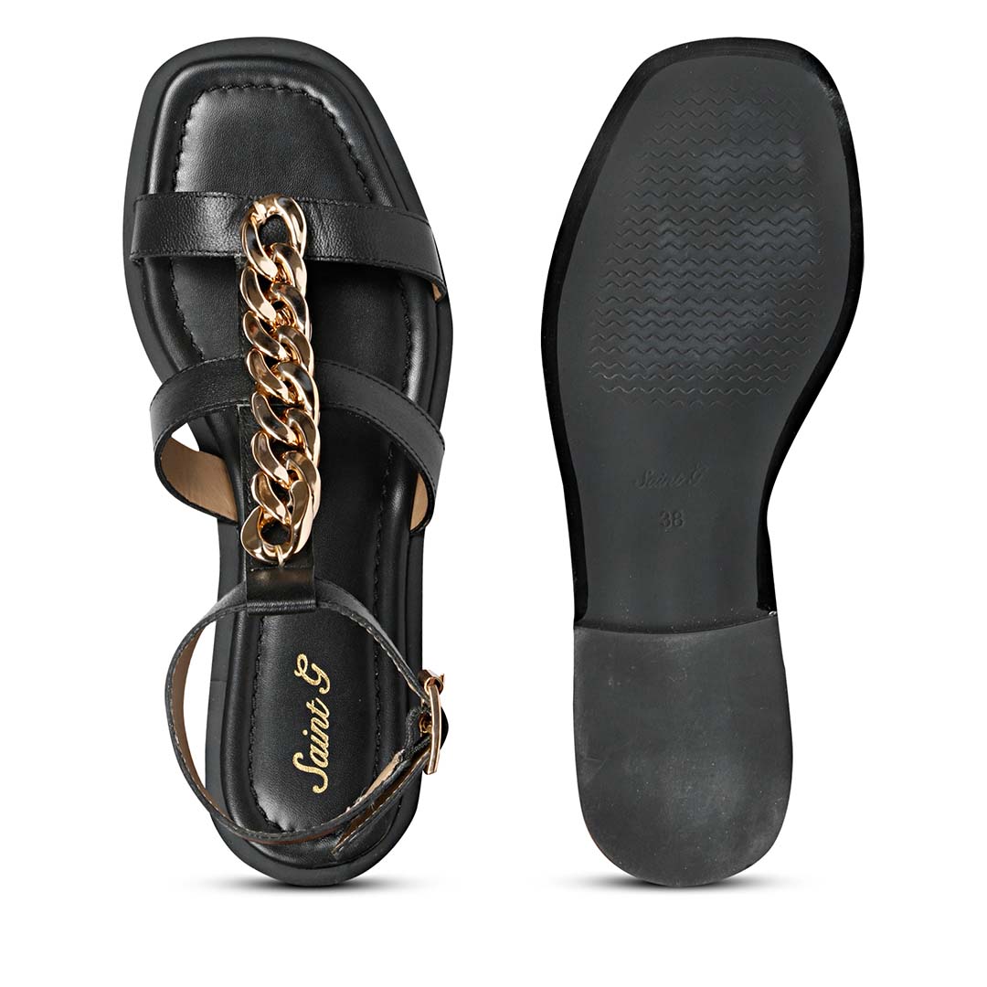 Saint Genesis Golden Chain Decor Black Leather Sandals