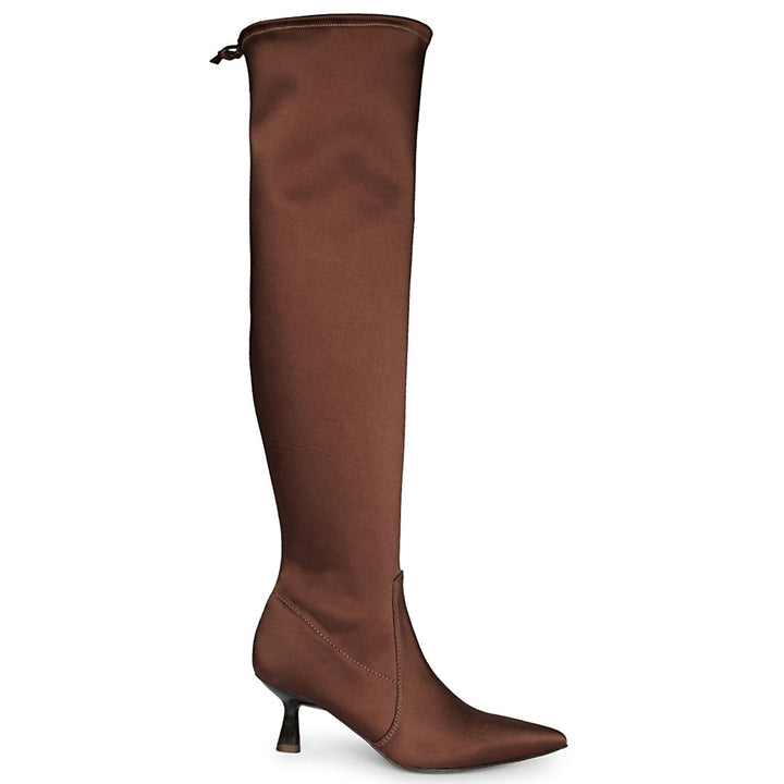 Saint Primrose Brown Stretch Satin Above The Knee Boots