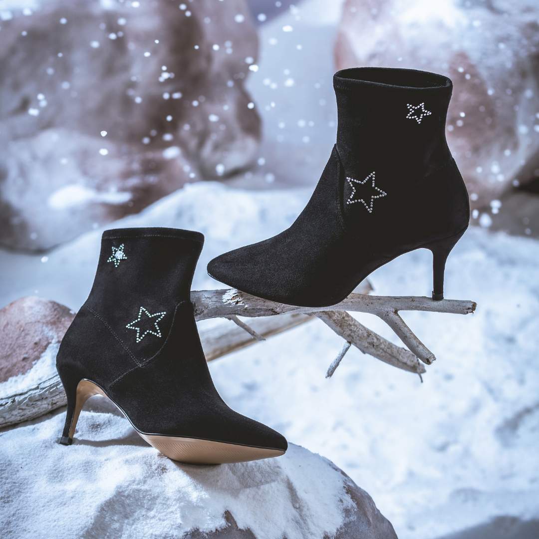 Black stretch suede ankle boots, star embellishments, Saint Penelope, ankle boots, women's shoes, black boots, suede boots, party shoes, statement shoes