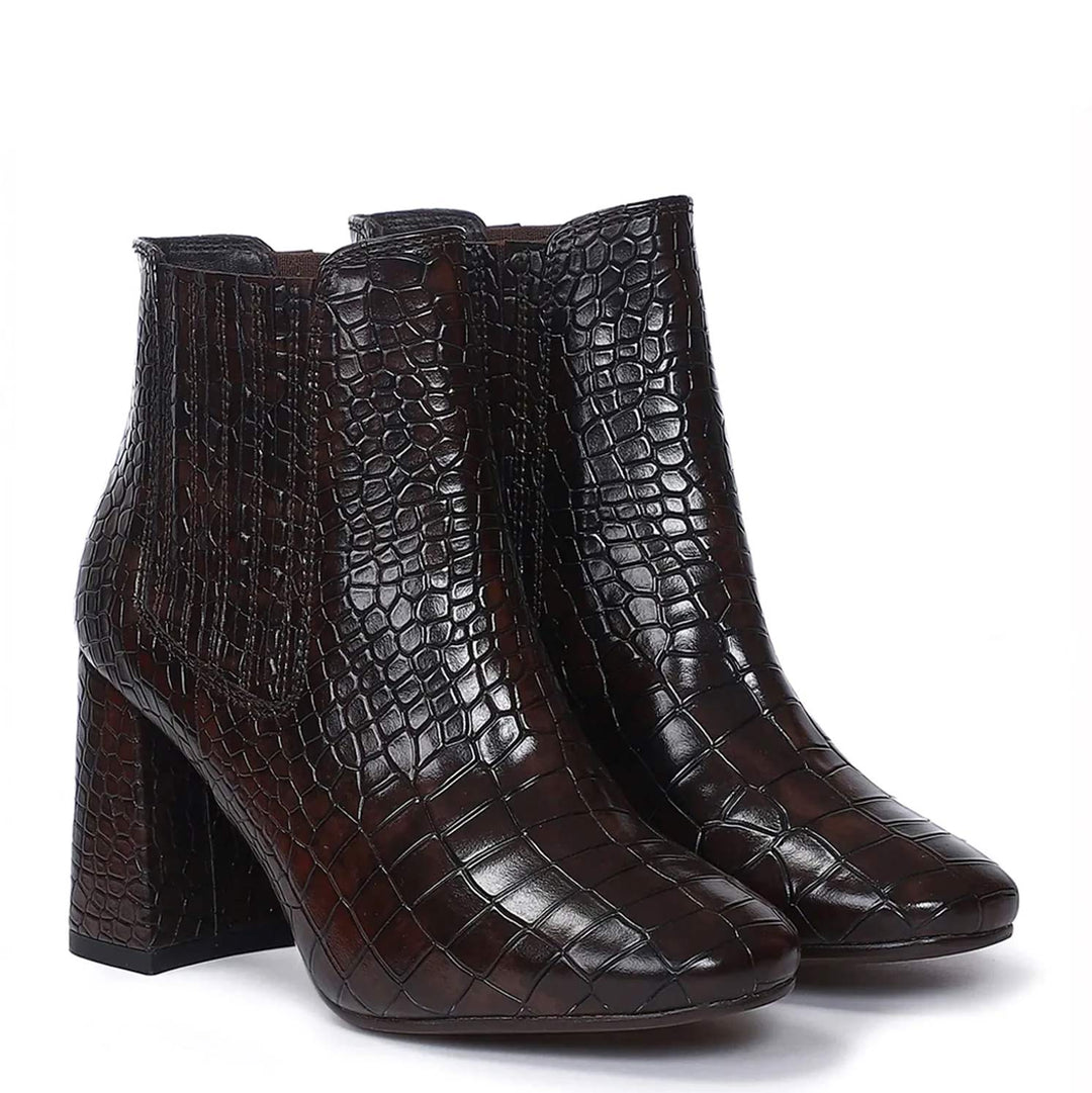 Saint Milana Brown Croco Embossed Vegan Leather Ankle Boots