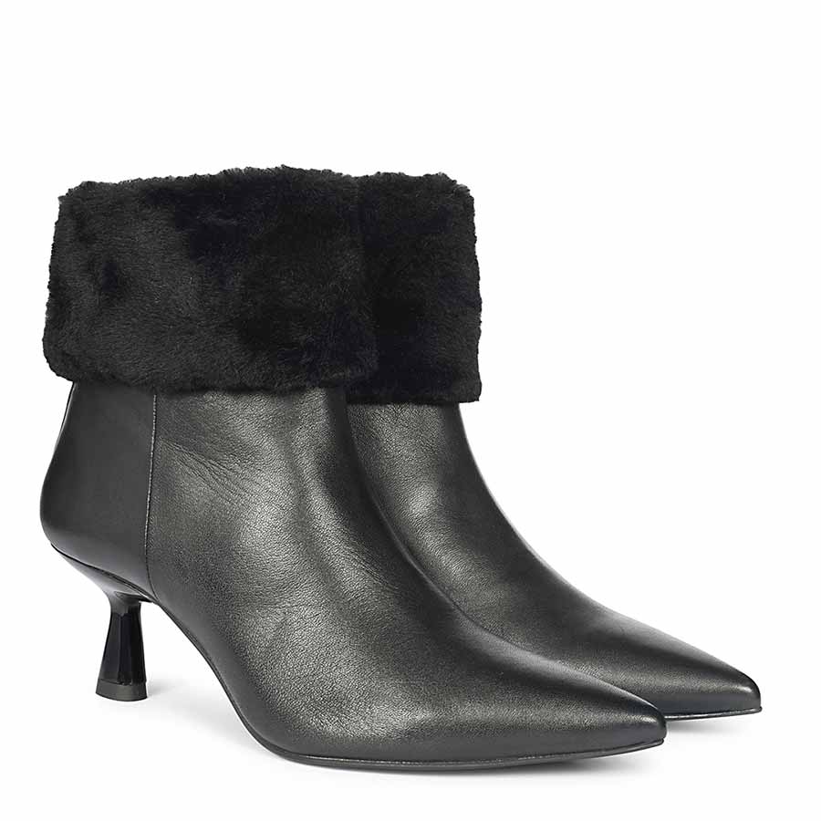 Saint Marvella Fur Cuff Black Leather Ankle Boots