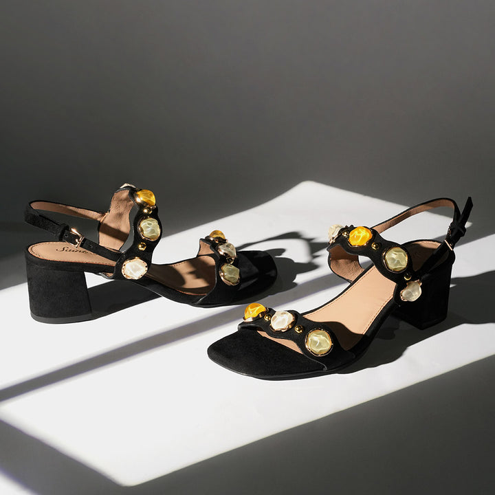 Saint Solira Multi-Stone Black Suede Leather Block Heels