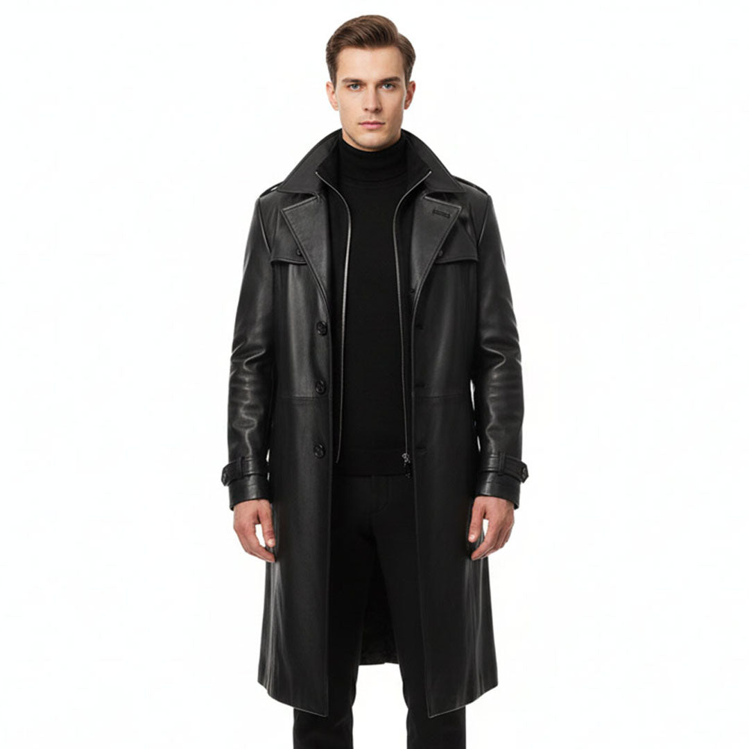 Saint Valente Full-Length Black Leather Trench Coat For Men