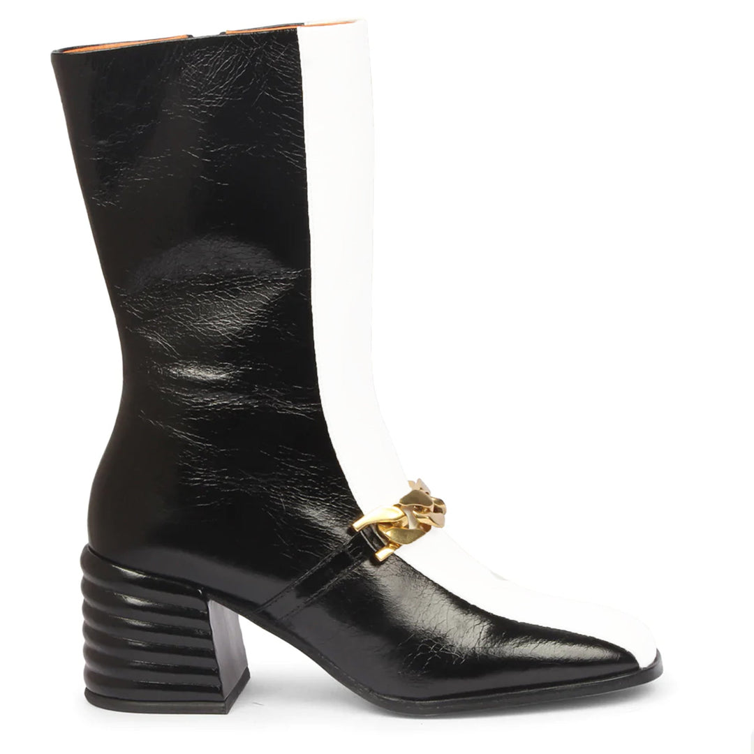 Carmelo White & Black Leather Calf Length Hight Ankle Boots