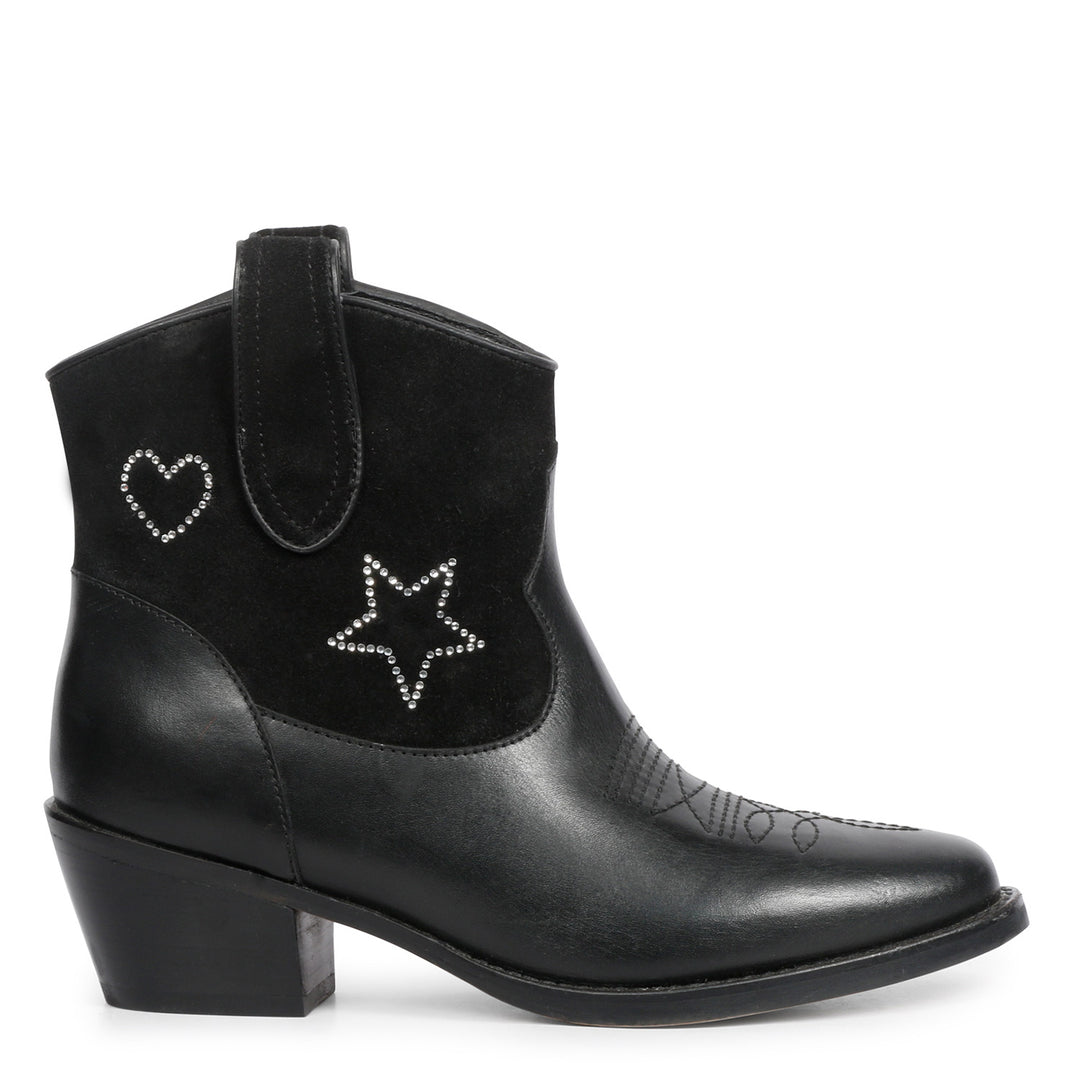 Saint Serenity Silver Star Embellished Black Leather Ankle Boots