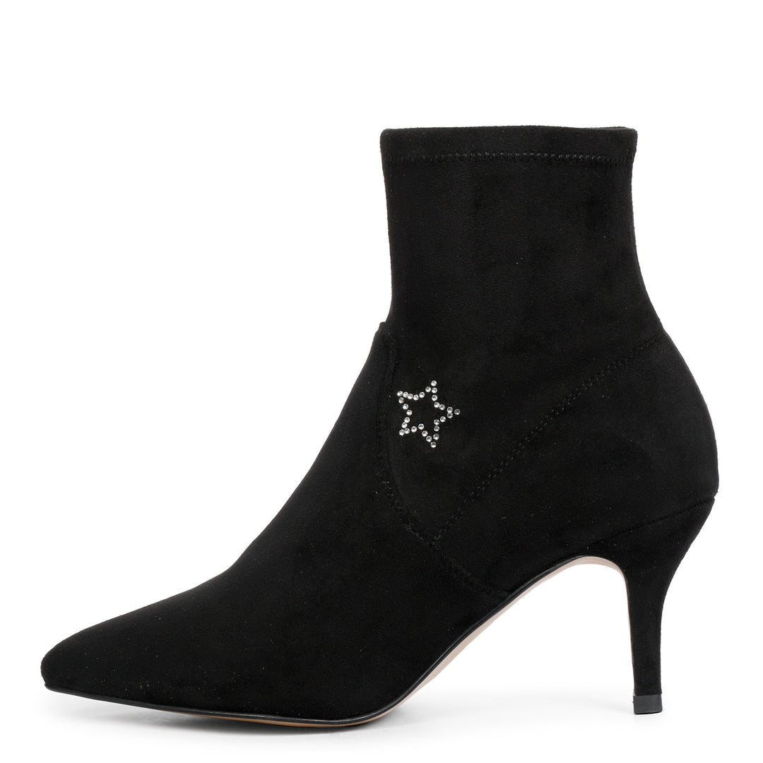 Saint Penelope Silver Star Black Stretch Suede Kitten Ankle Boots
