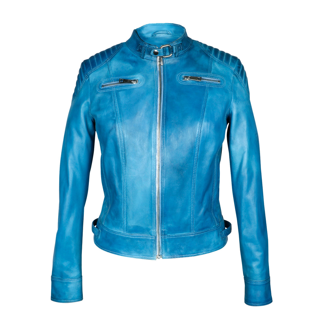 Saint Veronique Blue Leather Zip-Up Women Cafe Racer Jackets
