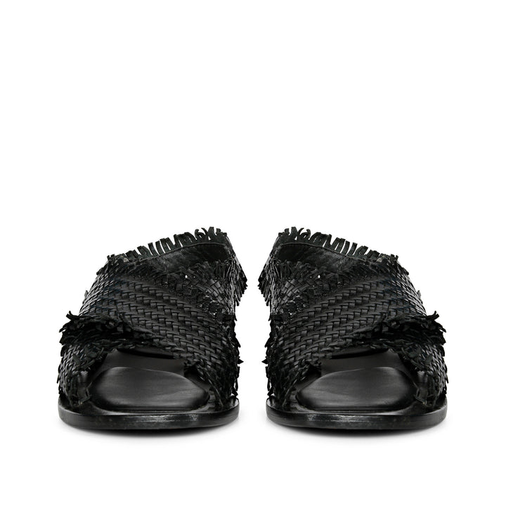 SaintG Womens Black Woven Leather Sandals.