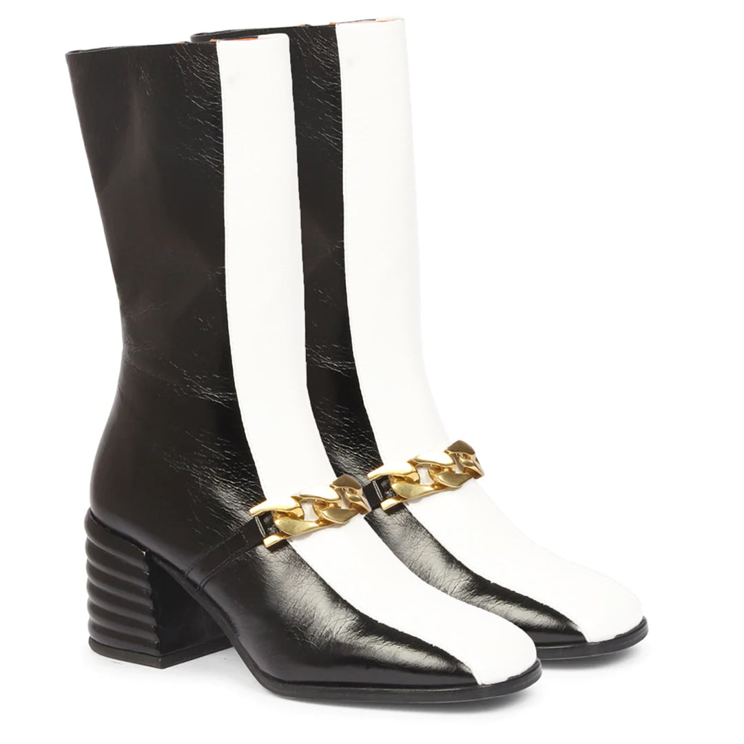 Carmelo White & Black Leather Calf Length Hight Ankle Boots