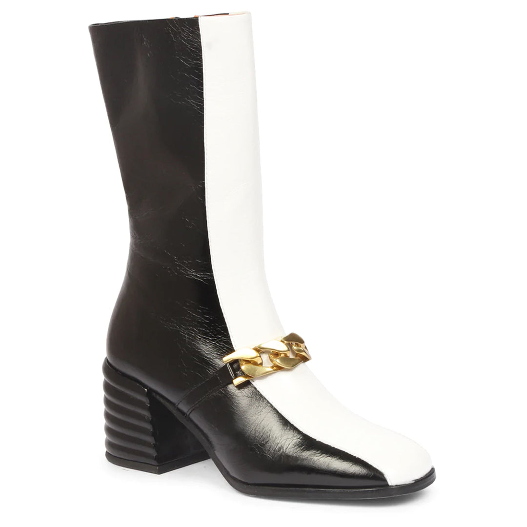 Saint Carmelo White & Black Leather Calf Length Hight Ankle Boots