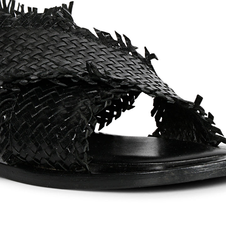 SaintG Womens Black Woven Leather Sandals.