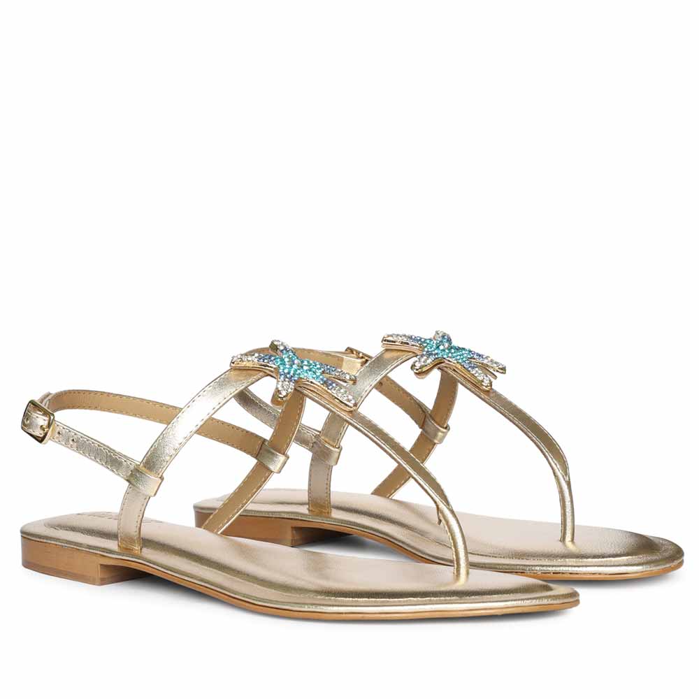 Avril Gold Leather Starfish Jeweled Sandals