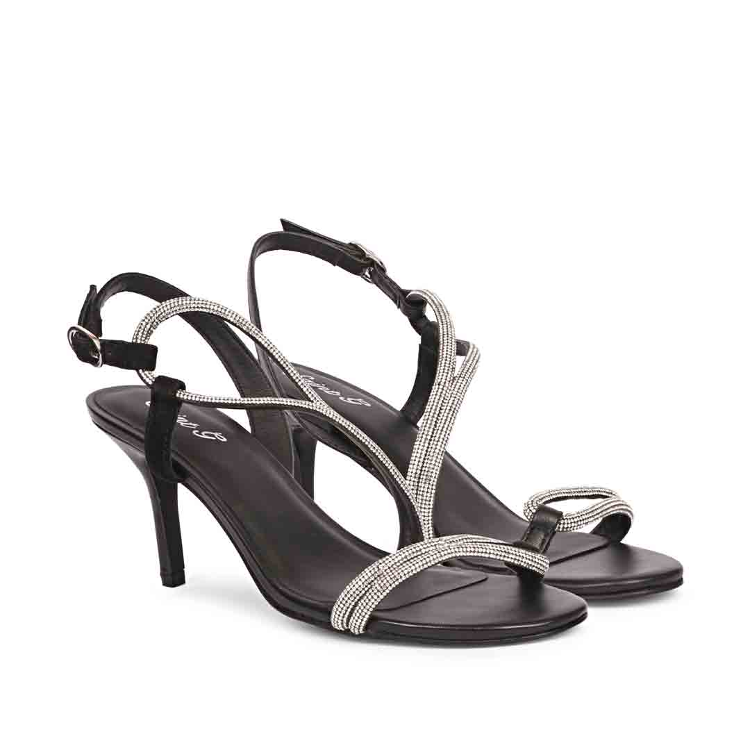 Black Leather Crystal Embellished Heels