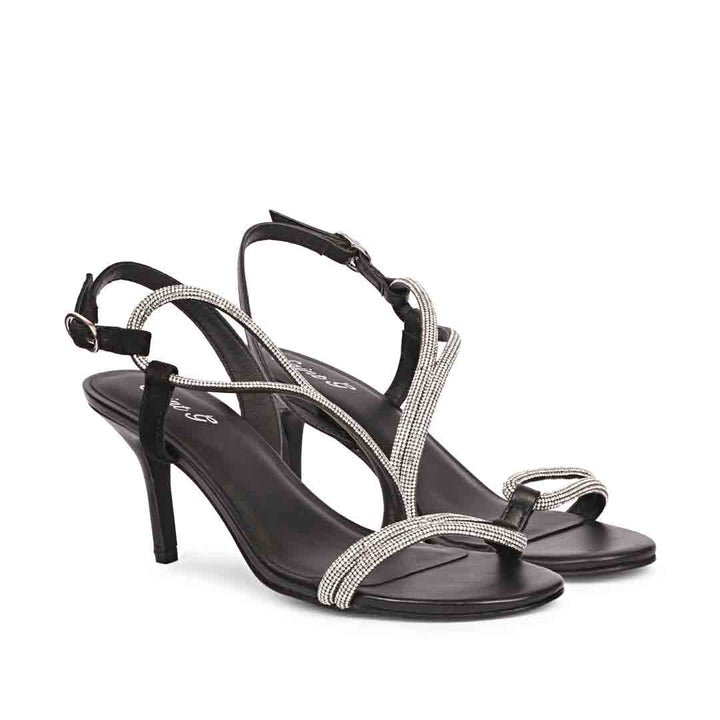 Black Leather Crystal Embellished Heels