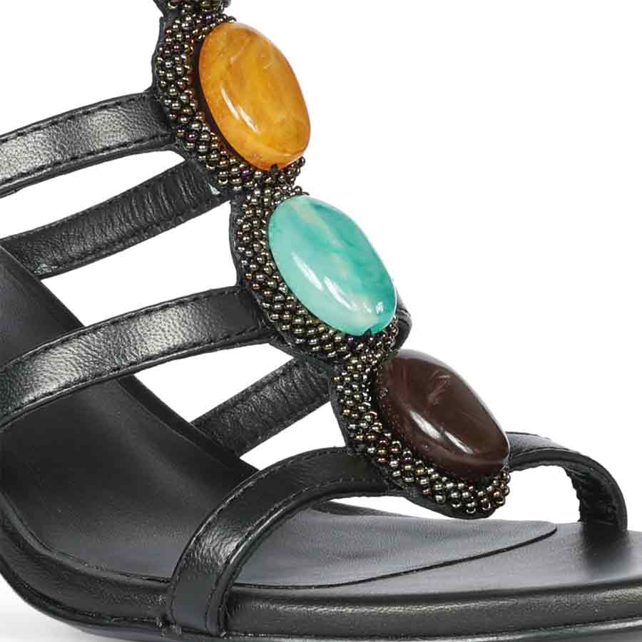 Black Leather Multi-Stone Embellished Heels