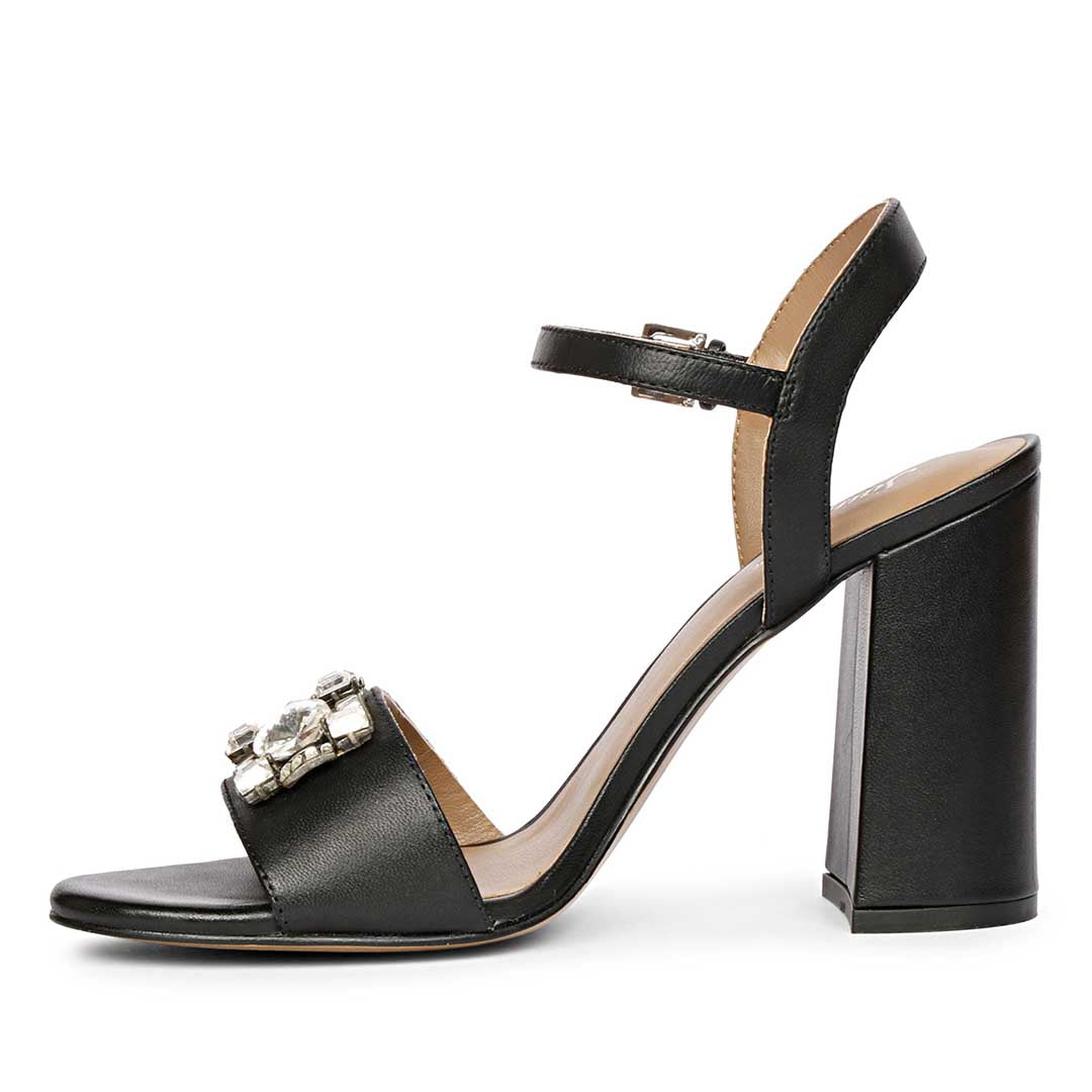 Black leather party heels with jewels