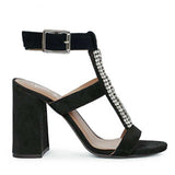 Saint Silvia Jewel Stone Decor Black Suede Leather Heels