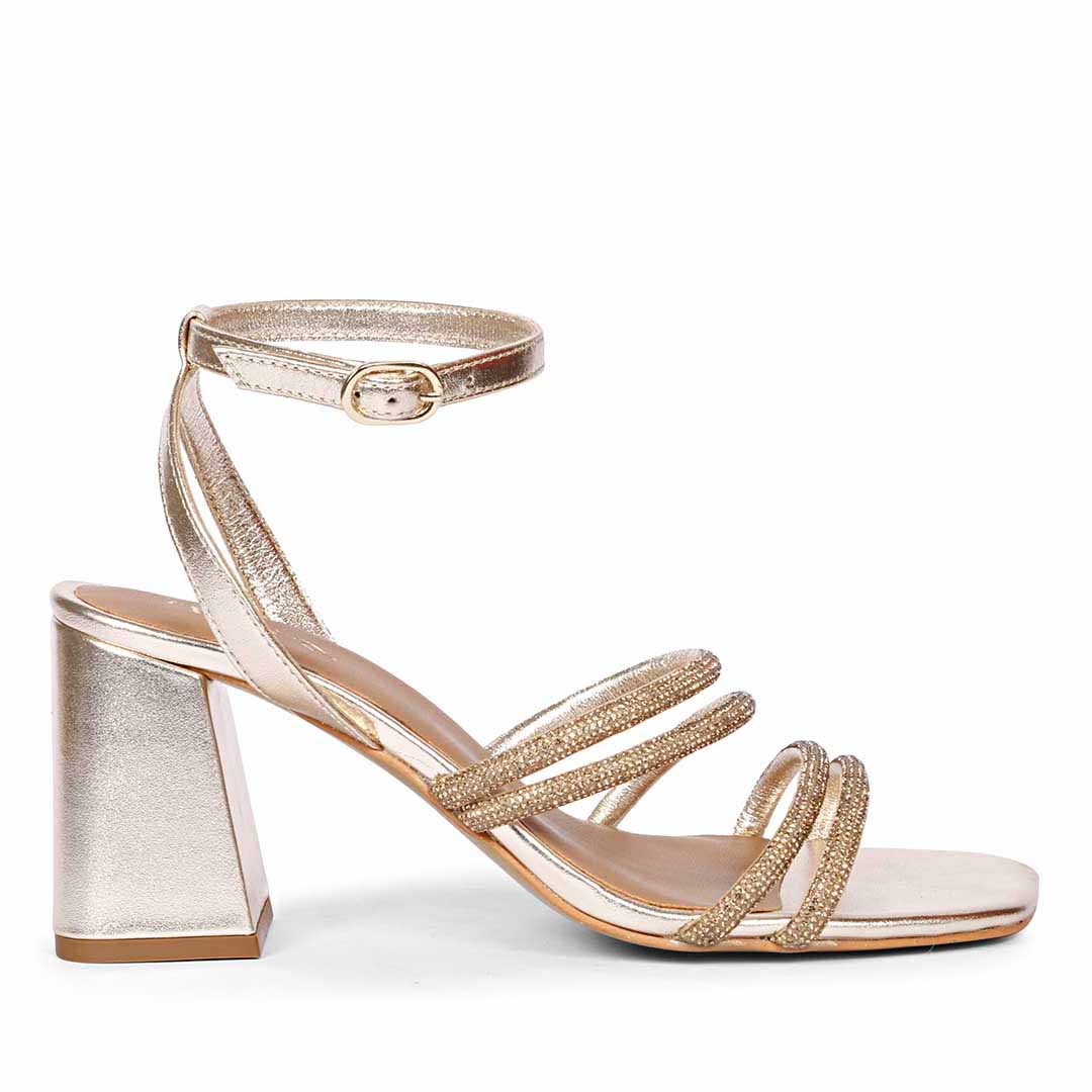 Aldina Crystal Cord String Gold Leather Jewel Block Heels: