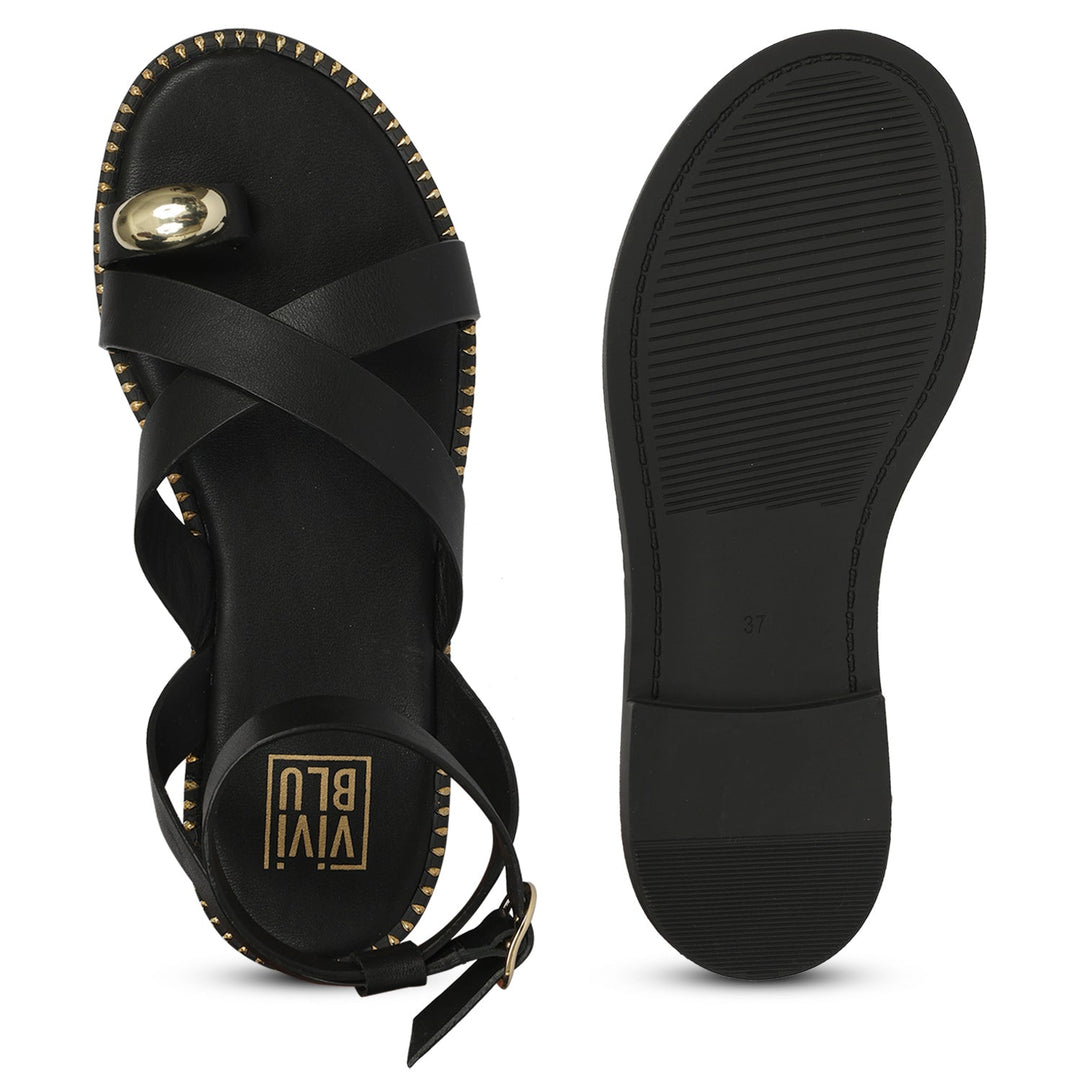 Reyna Black Leather Flat Sandals