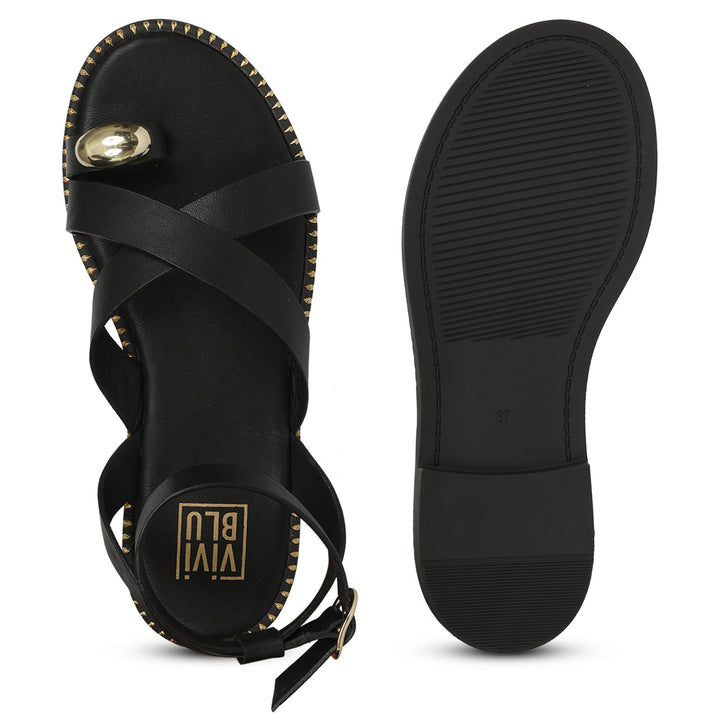 Reyna Black Leather Flat Sandals