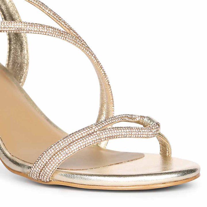 Gold Leather Crystal Embellished Heels