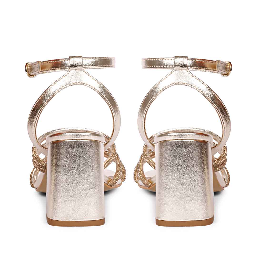 Gold strappy crystal evening block heels
