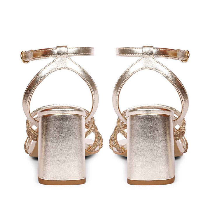 Gold strappy crystal evening block heels