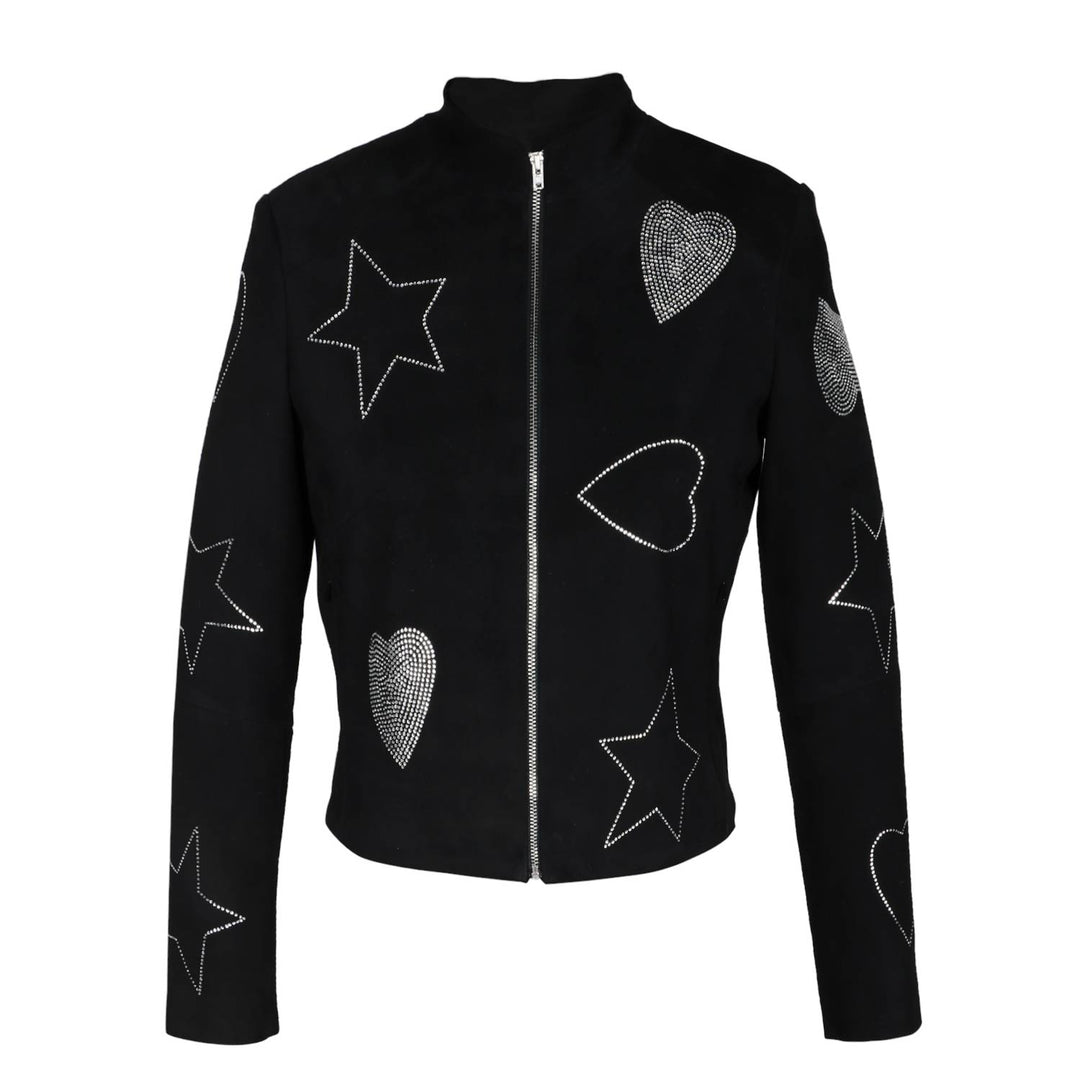 Fashionable Stone Embossed Black Leather Women's Biker Jacket by Saint Venessa - Sleek Style