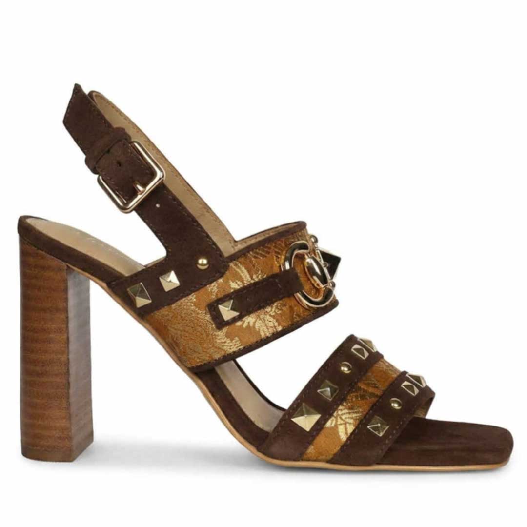 Saint Larisa Embellished Dark Brown Leather High Block Heels