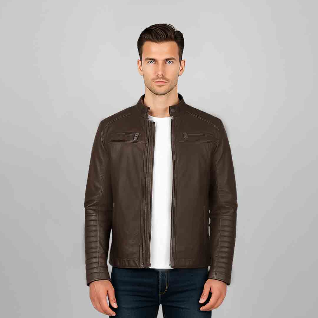 Agostino Brown Leather Cafe Racer Jacket