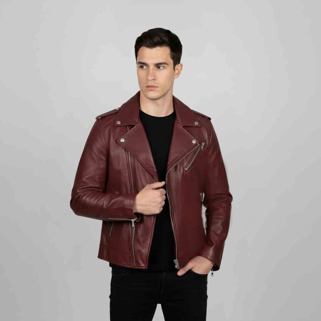 Saint Fabio Men Burgundy Leather Biker Style Jackets