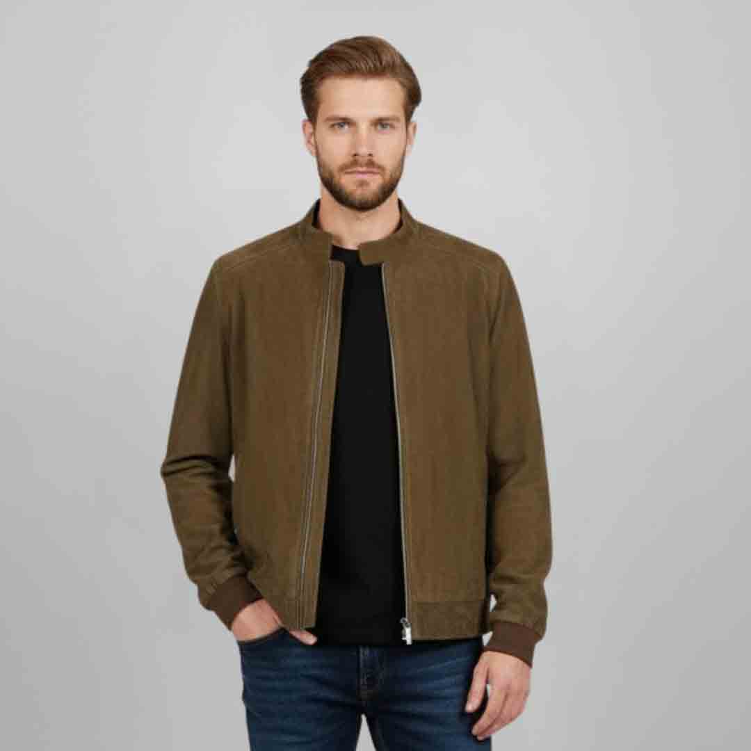 Saint Moreno Olive Suede Leather Men's Bomber Style Jackets