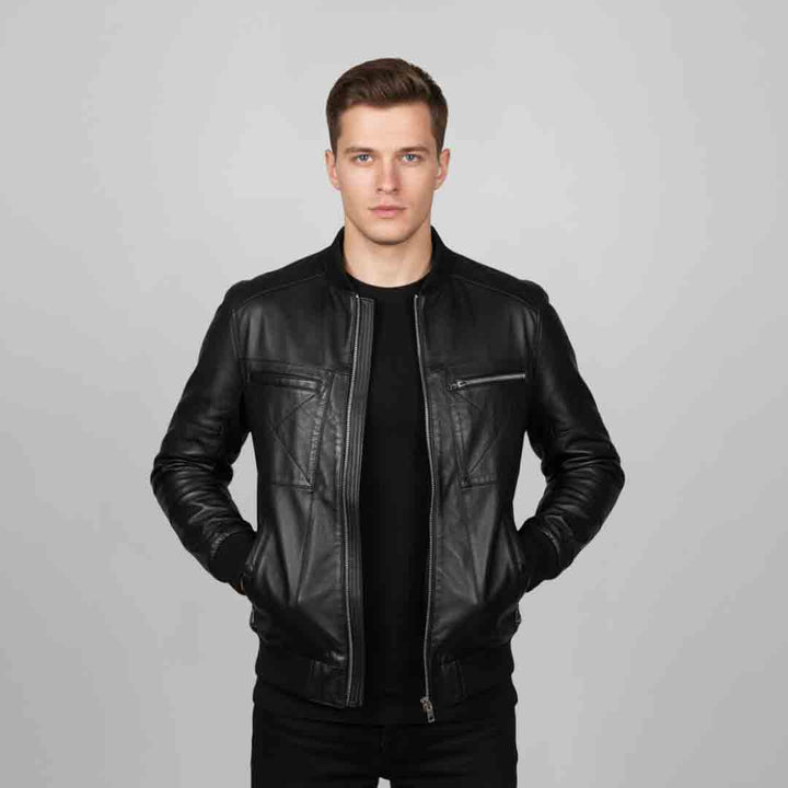 Saint Edith Black Leather Men's Bomber Jackets